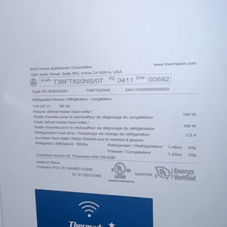 Thermador T36FT820NS 36" French Door Refrigerator - Open Box, serial number