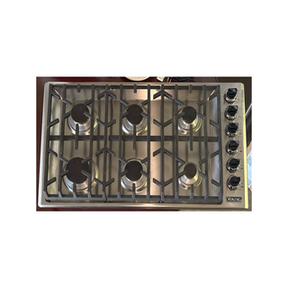 Viking VGSU53616BSS 36 inch gas cooktop top view showing 6 burner configuration, open box