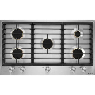 Stainless steel gas cooktop with five burners on a white background