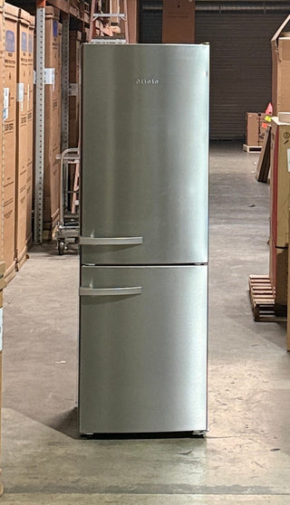 Open box Miele KFN12823SD 24-inch bottom freezer refrigerator in stainless steel – front view small dent on top door