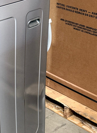 Open Box LG STUDIO WSEX200HNA WashTower left side panel dent detail in Noble Steel finish