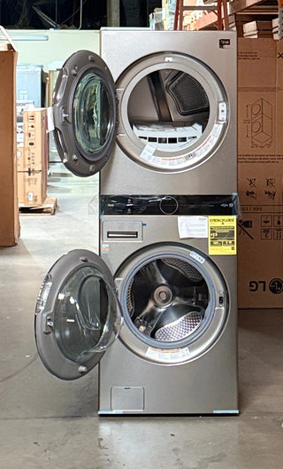 Open Box LG STUDIO WSEX200HNA WashTower washer and dryer door close-up in Noble Steel