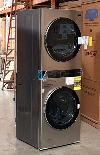 Open Box LG STUDIO 27 inch WSEX200HNA WashTower angled full front view in Noble Steel