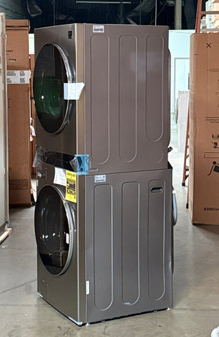 Open Box LG STUDIO 27 inch WSEX200HNA WashTower rear and side angle view in Noble Steel