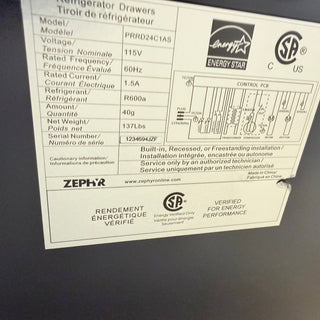 Zephyr PRRD24C1AS 24 inch Single Zone Refrigerator Drawers - Open Box, serial number