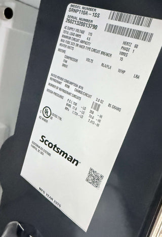 Scotsman SRNP110A-1SS 15" Undercounter Nugget Ice Machine with Drain Pump - Open Box, serial tag