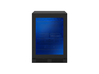 Black refrigerator with blue interior on a white background