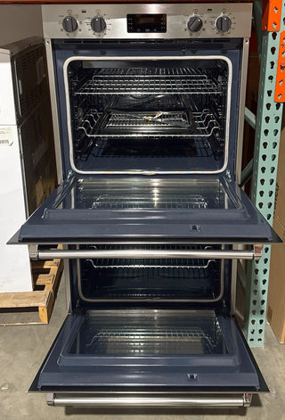 Bertazzoni 30-inch Double Electric Wall Oven with 8.2 cu. ft. total capacity, stainless steel, interior view, Model MASFD30XV (Open Box)