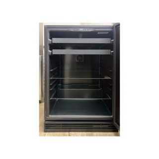 Stainless steel wine cooler with open door on a white background, open box, panel ready