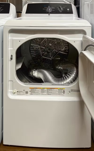 GE 27-inch Gas Dryer with 6.2 cu. ft. capacity, white, Interior Drum View, Model GTX52GASPWB (Open Box)